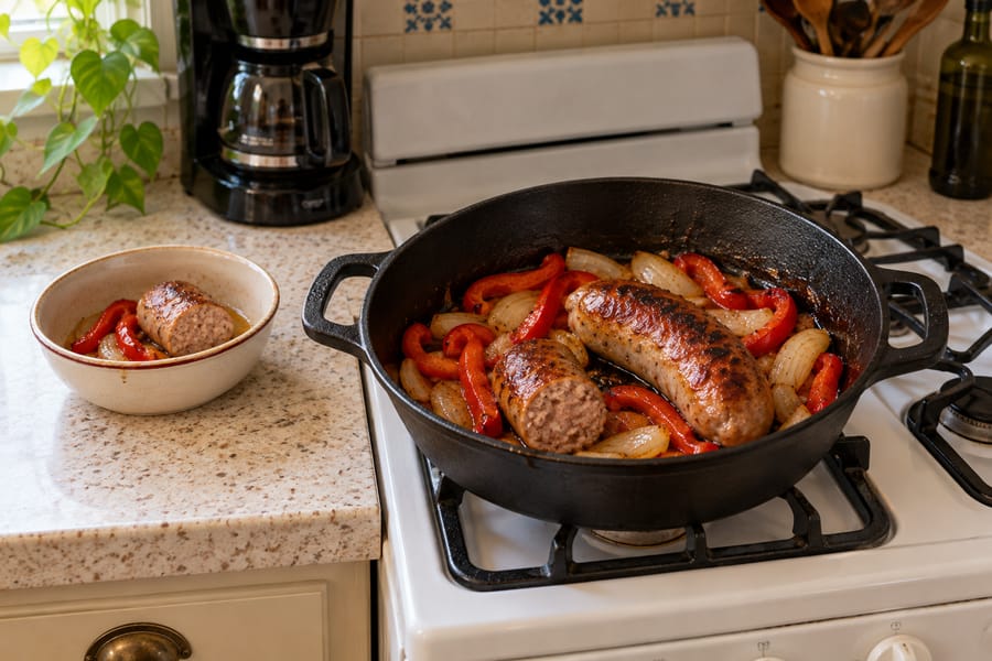 Sausage and peppers in a pan on the stove