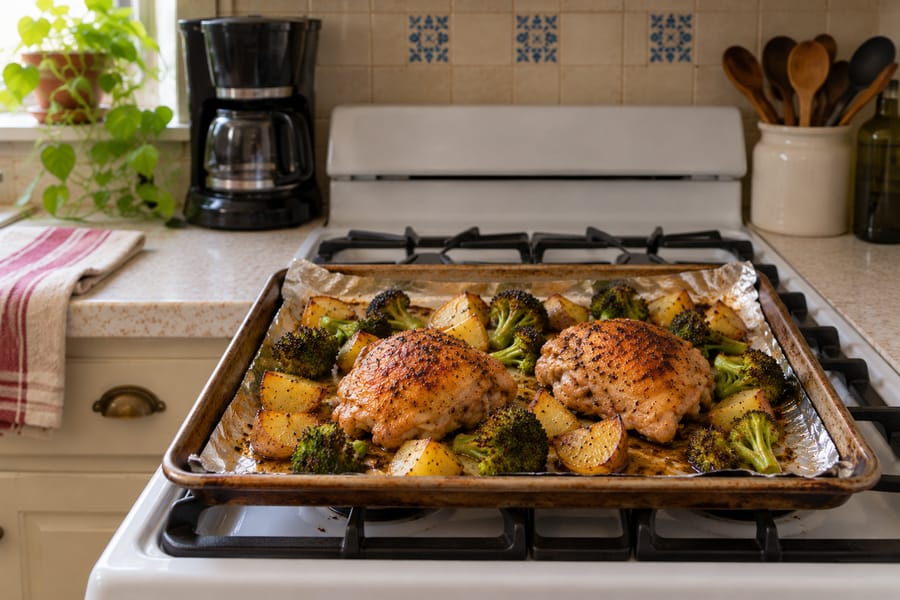 Oven-roasted chicken thighs and potatoes