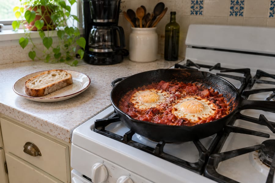 Eggs cooked in tomato sauce in a skillet