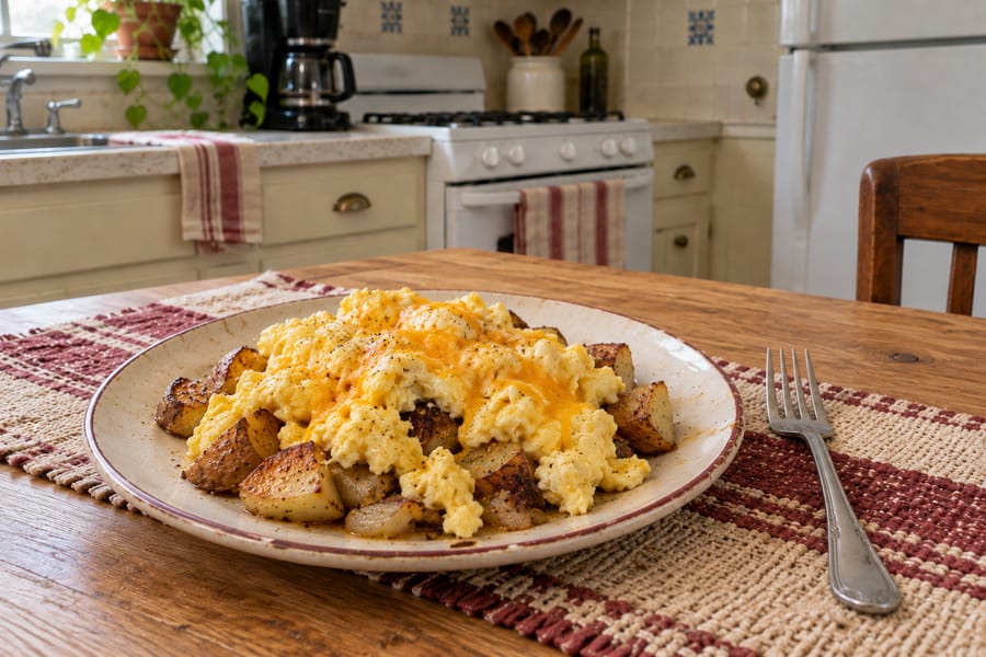 Potatoes and scrambled eggs on a plate