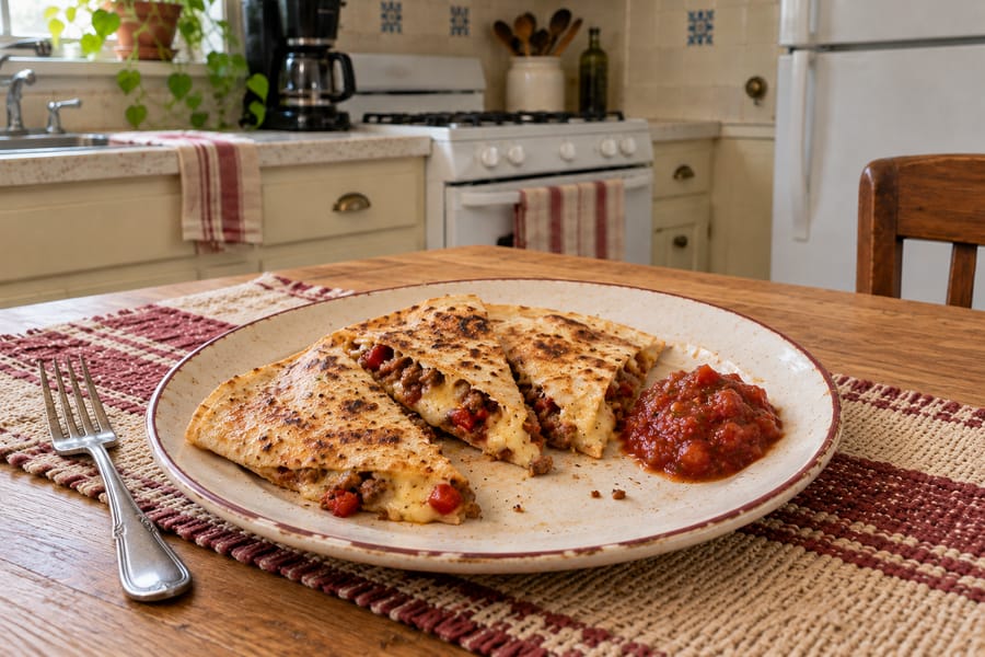 A browned quesadilla cut in wedges with salsa on the side