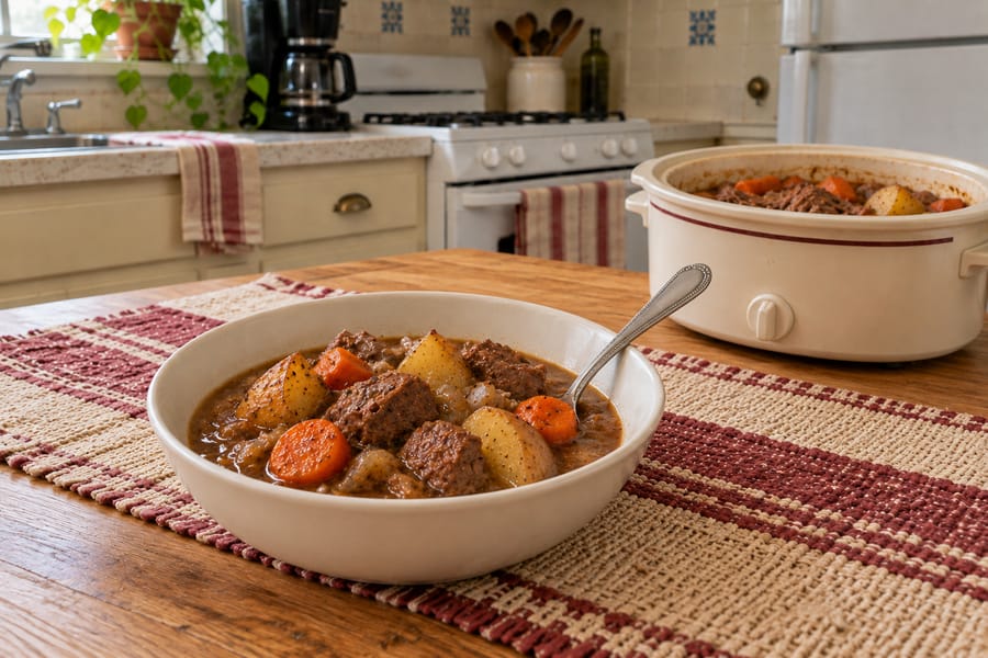 A bowl of beef stew beside a small slow cooker