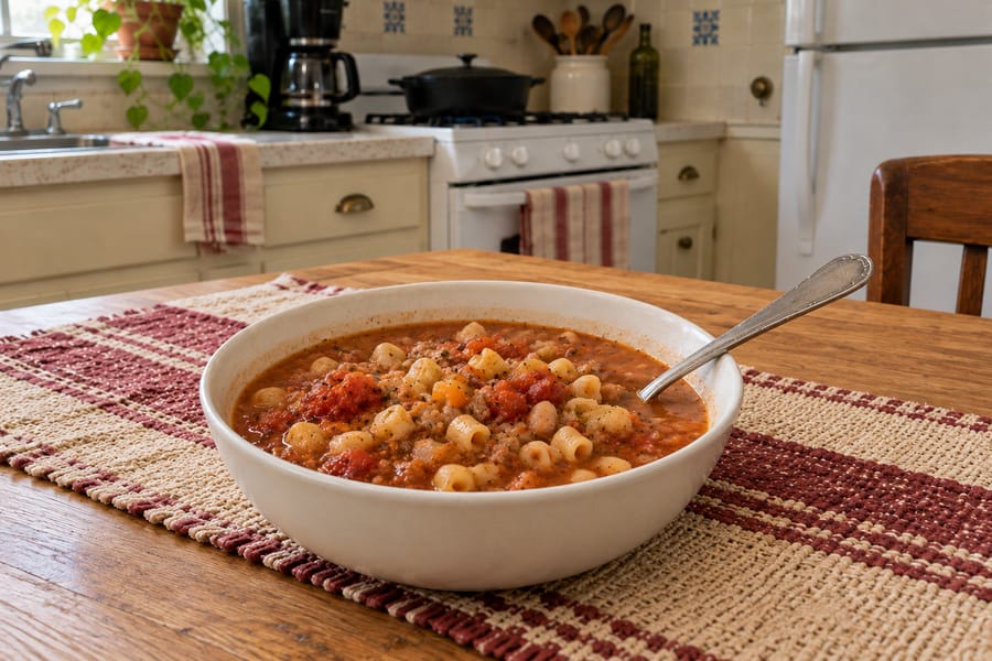 A bowl of pasta and bean soup