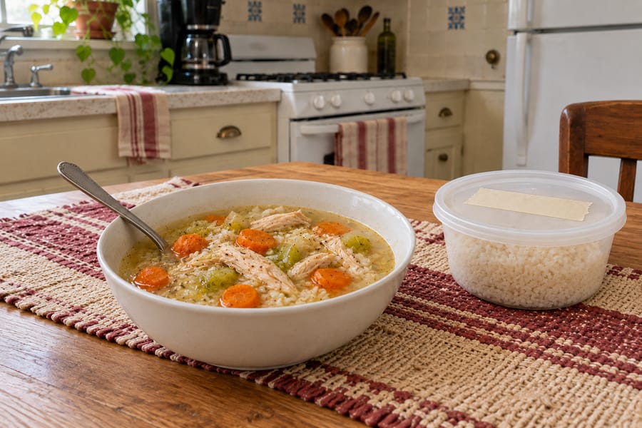 A bowl of chicken and rice soup with carrots and celery