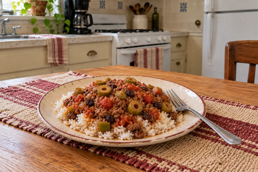 Picadillo with olives over rice