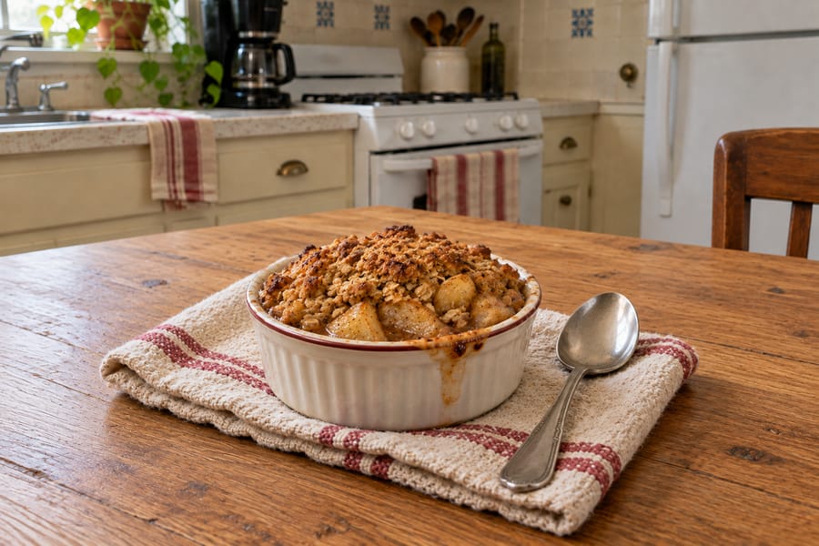 A small apple crisp in a ramekin