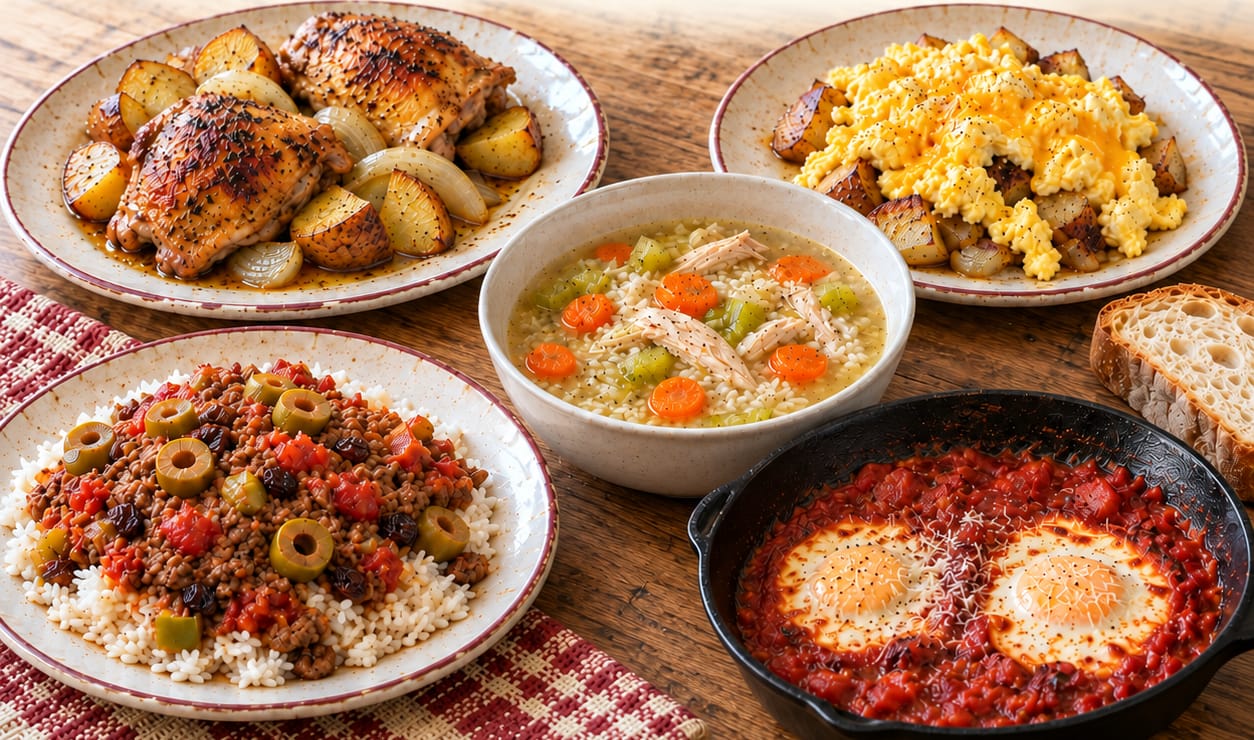 The five free dinners on a wooden table: Sunday chicken, potatoes and eggs, chicken and rice soup, picadillo over rice, and eggs in tomato sauce