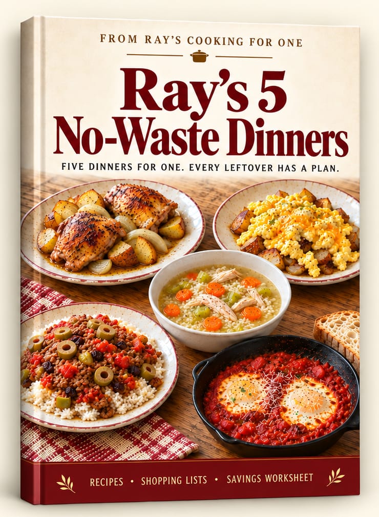 Cover of Ray's 5 No-Waste Dinners, with the five dinners on a wooden table