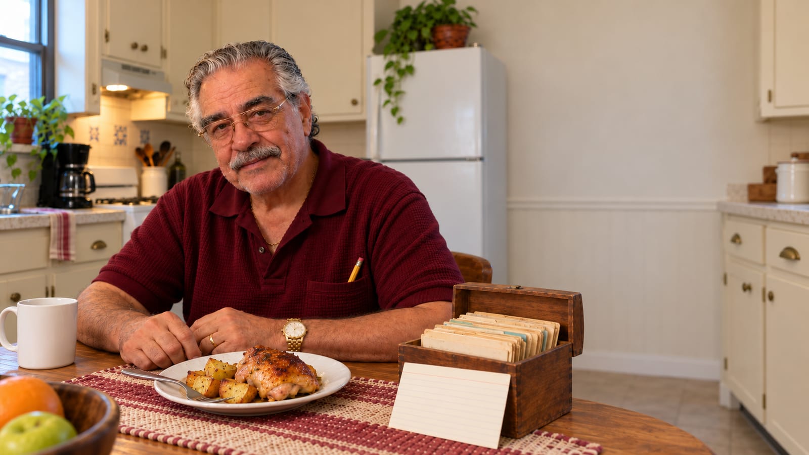 Ray Delgado at his kitchen table with a plate of roast chicken and potatoes and his wife's wooden recipe box