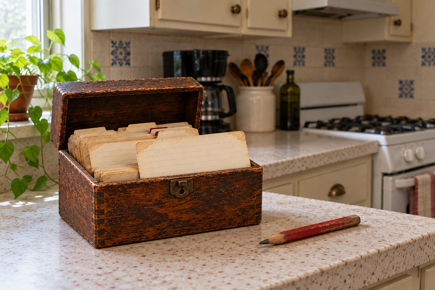 Rosemarie's worn wooden recipe box, open on the kitchen counter, with a carpenter's pencil beside it